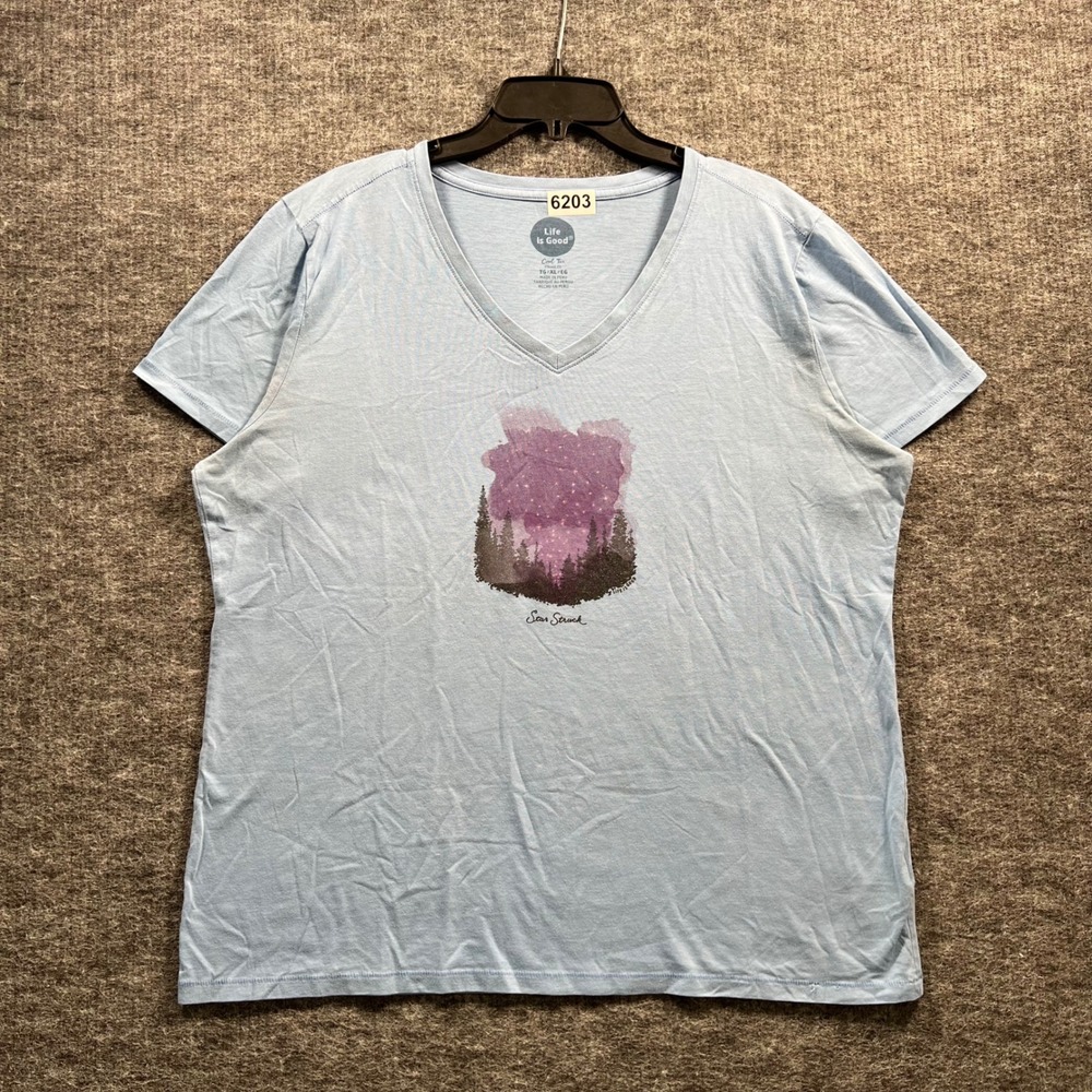 Life is Good Womens XL Blue Star Struck Forest Graphic V-Neck Cool Tee